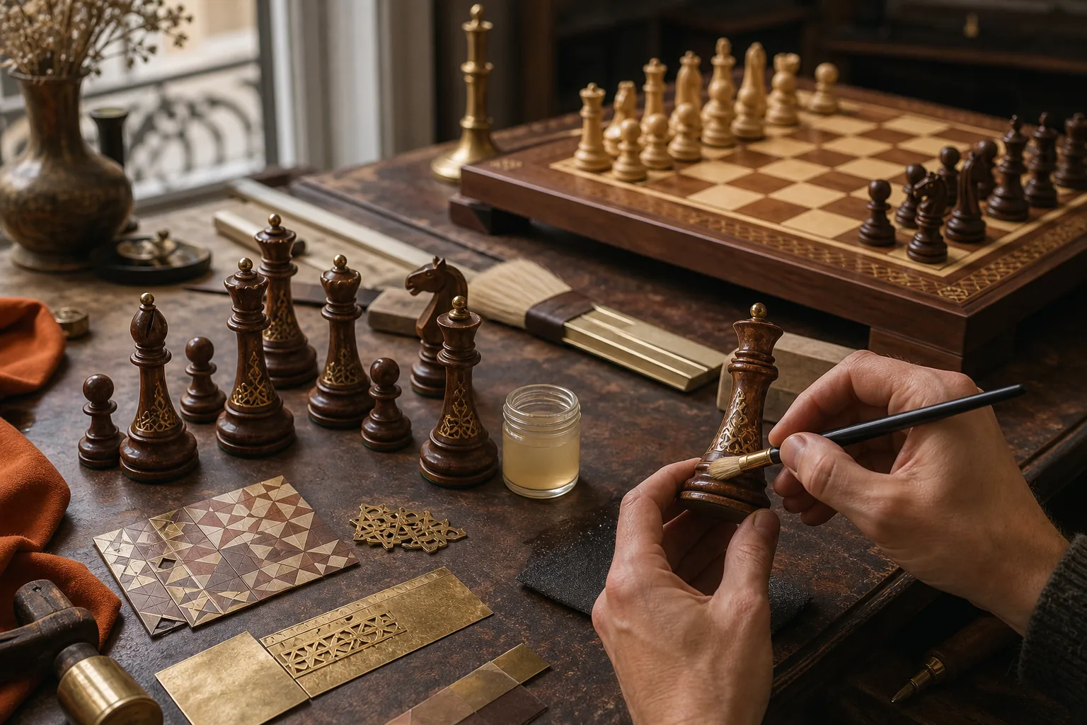 artisan finishing carved wooden chess pieces with brass decorative details.