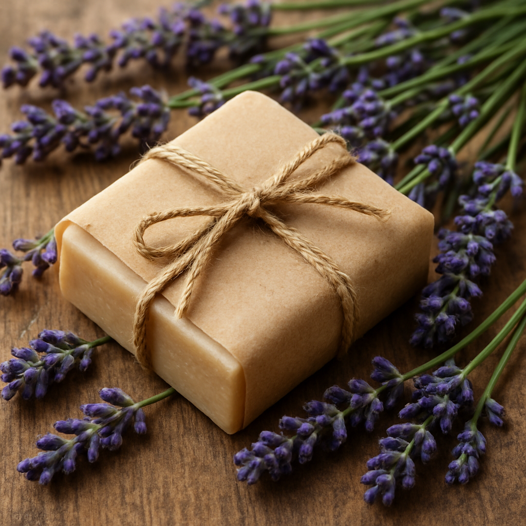 A close‑up of a handcrafted soap bar wrapped in kraft paper, surrounded by fresh lavender sprigs. Alt: Handmade soap bar in eco‑friendly packaging