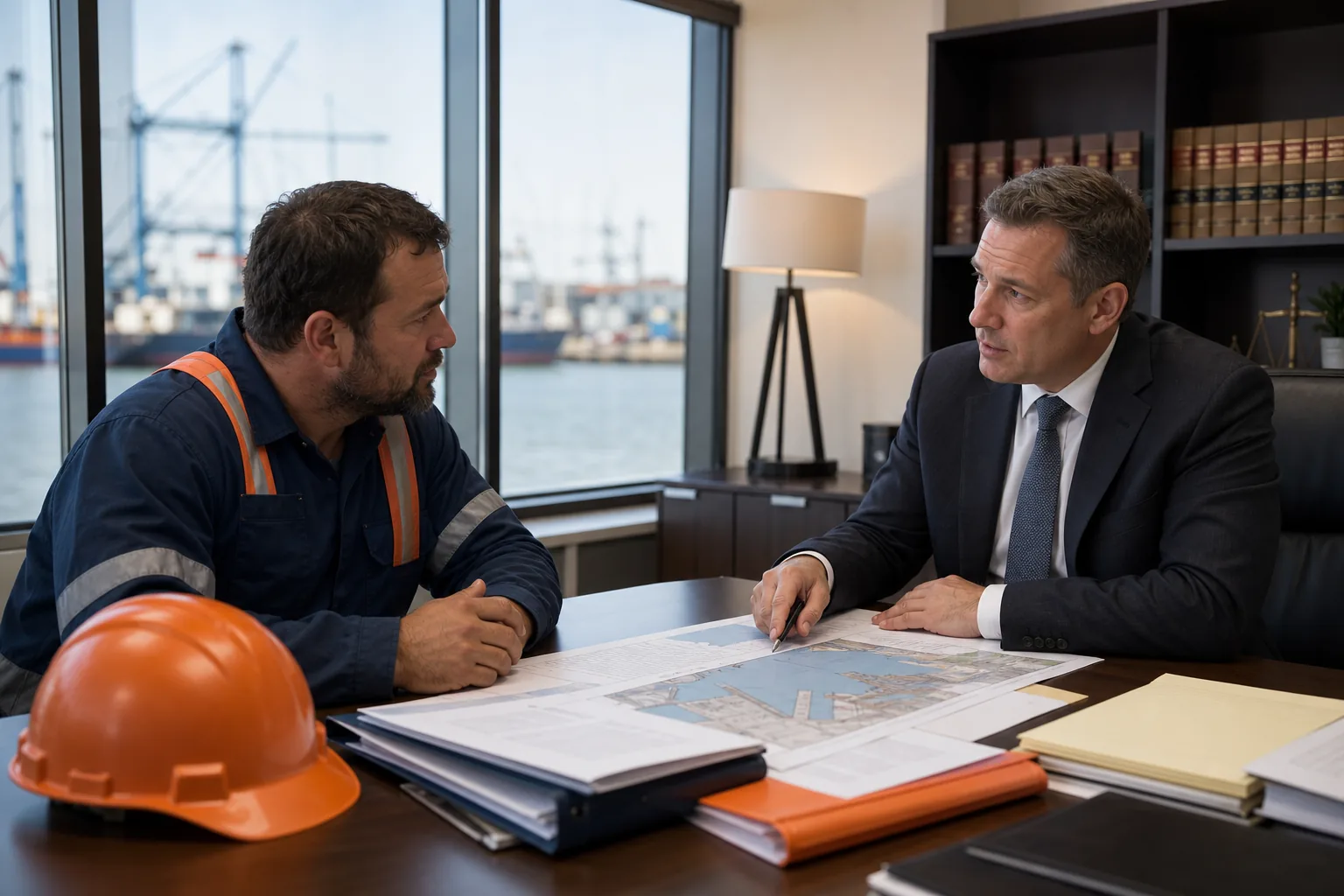 harbor worker meeting a maritime injury attorney to review accident records