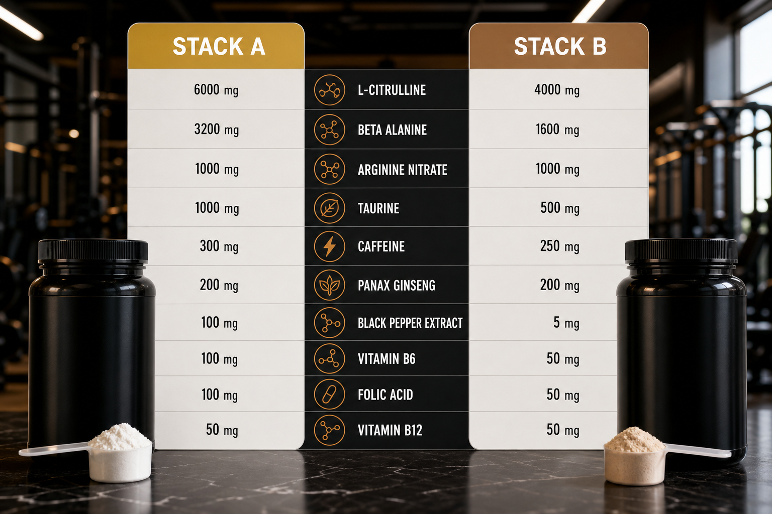An infographic style illustration showing a side‑by‑side comparison of supplement ingredient stacks, focusing on nitric‑oxide boosters, with a neutral background, Realism style