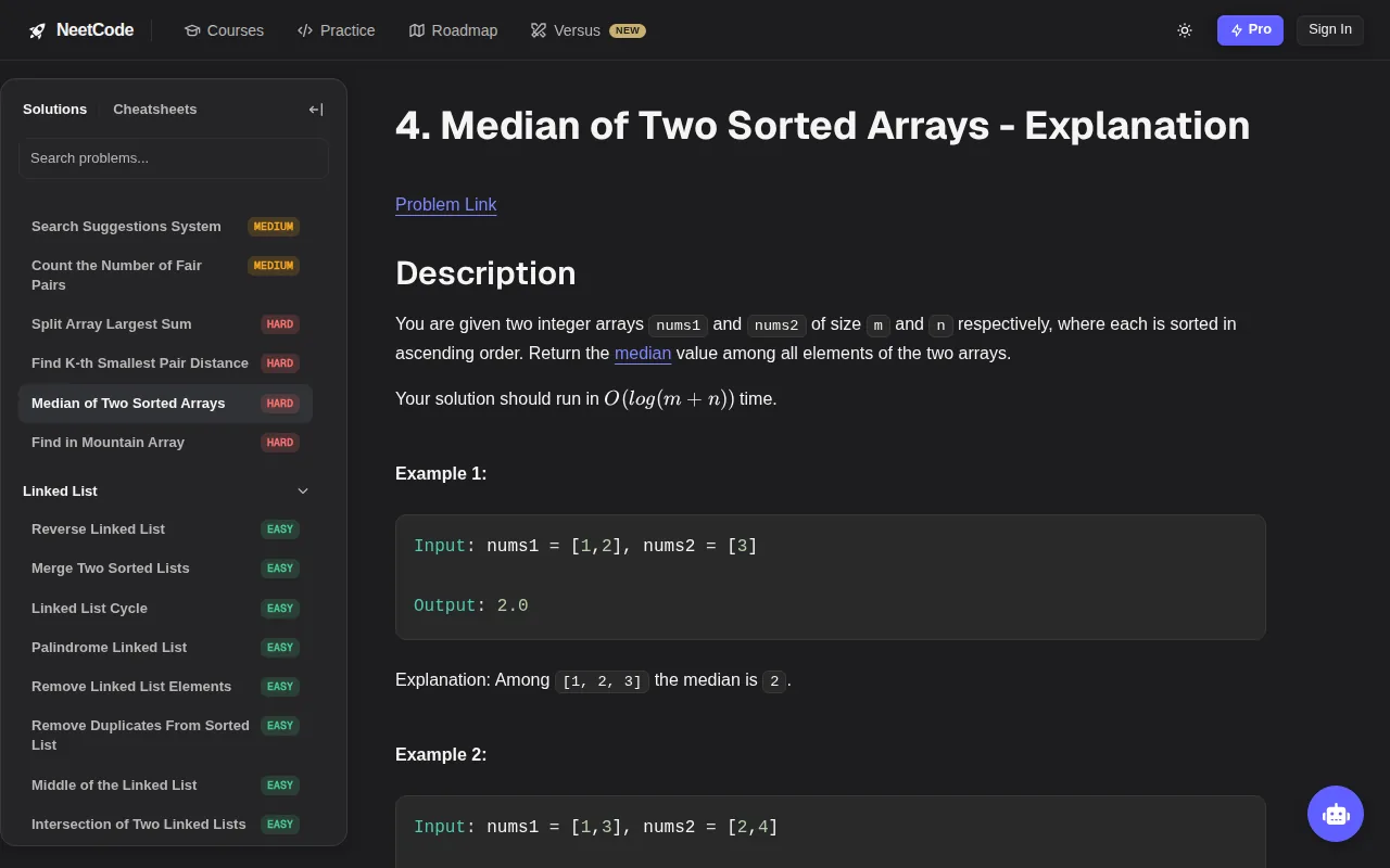 Screenshot of the Median of Two Sorted Arrays website