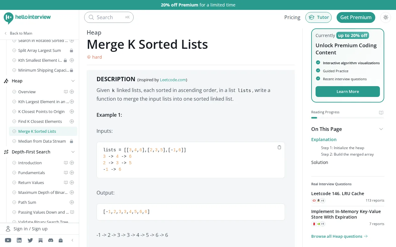 Screenshot of the Merge k Sorted Lists website
