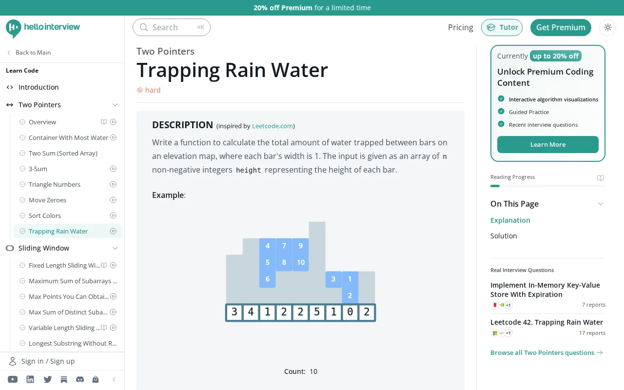 Screenshot of the Trapping Rain Water website