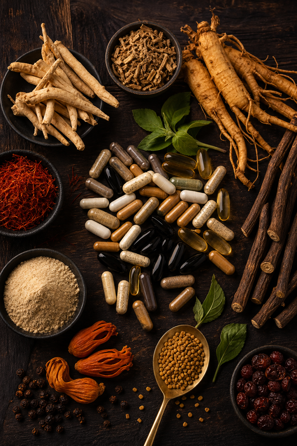 A flat-lay photograph of multiple natural supplement capsules and herbal ingredients arranged on a dark wooden surface with warm orange accent lighting, showing ingredient diversity without any branded product containers. Alt: natural supplement ingredients for erection health stacked together showing a multi-ingredient approach.