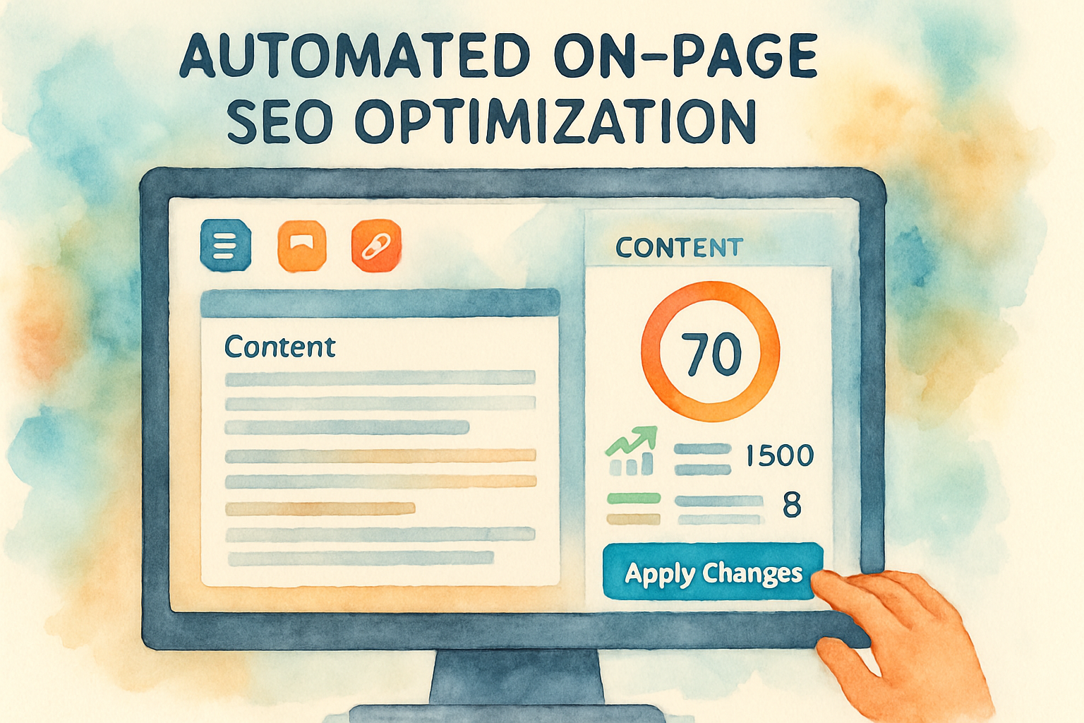 AI interface analyzing on-page SEO metrics and delivering automated edits. Alt: Automated on page seo optimization with AI dashboard showing content and SEO data