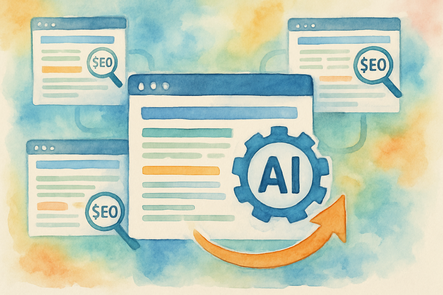 Visualization showing AI optimizing multiple website pages simultaneously. Alt: Automated on page seo optimization with AI applied to multiple web pages