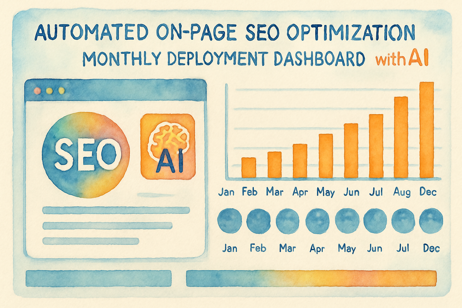 User-friendly dashboard showing monthly SEO automation cycles for a website. Alt: Automated on page seo optimization with AI monthly deployment dashboard