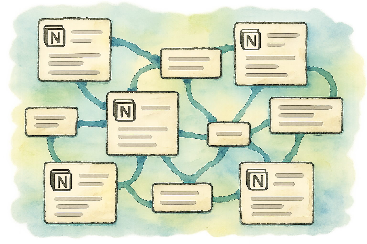 Conceptual graphic showing interconnected Notion pages connected by backlinks; Alt: Visualization of interlinked Notion backlinks in workspace structure
