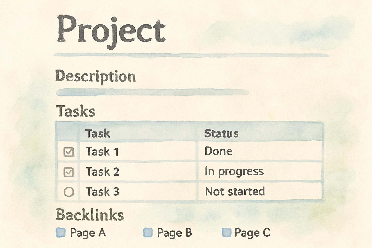 Example dashboard showing project page with linked tasks and backlinks expanded; Alt: Notion project page with backlink sections fully expanded for ease of reference