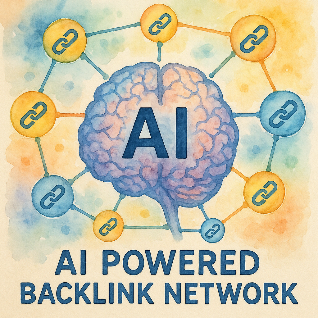 An AI brain interconnected with various digital backlinking nodes, symbolizing an ai powered backlink network. Alt: AI powered backlink network illustrating automated link building and SEO technology.