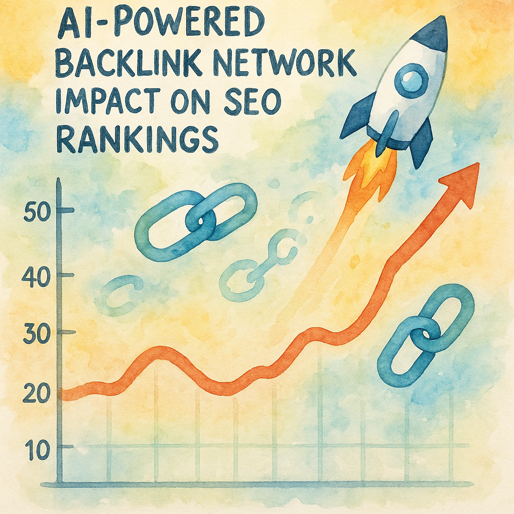 Illustration of a website ranking chart skyrocketing after implementing an AI powered backlink network. Alt: AI powered backlink network impact on SEO rankings graph.