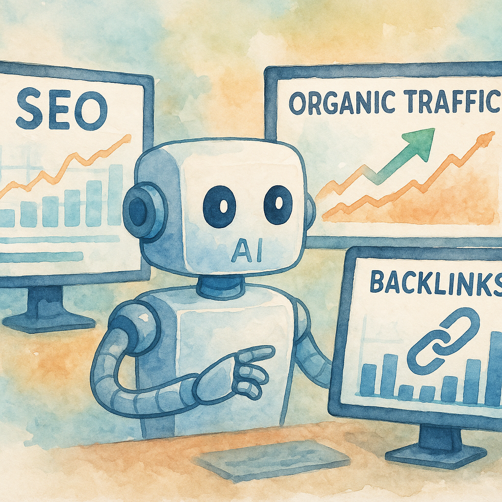 Illustration showing AI analyzing SEO performance metrics on multiple screens. Alt: AI powered full-service SEO solution dashboard demonstrating organic traffic growth and backlink profile.