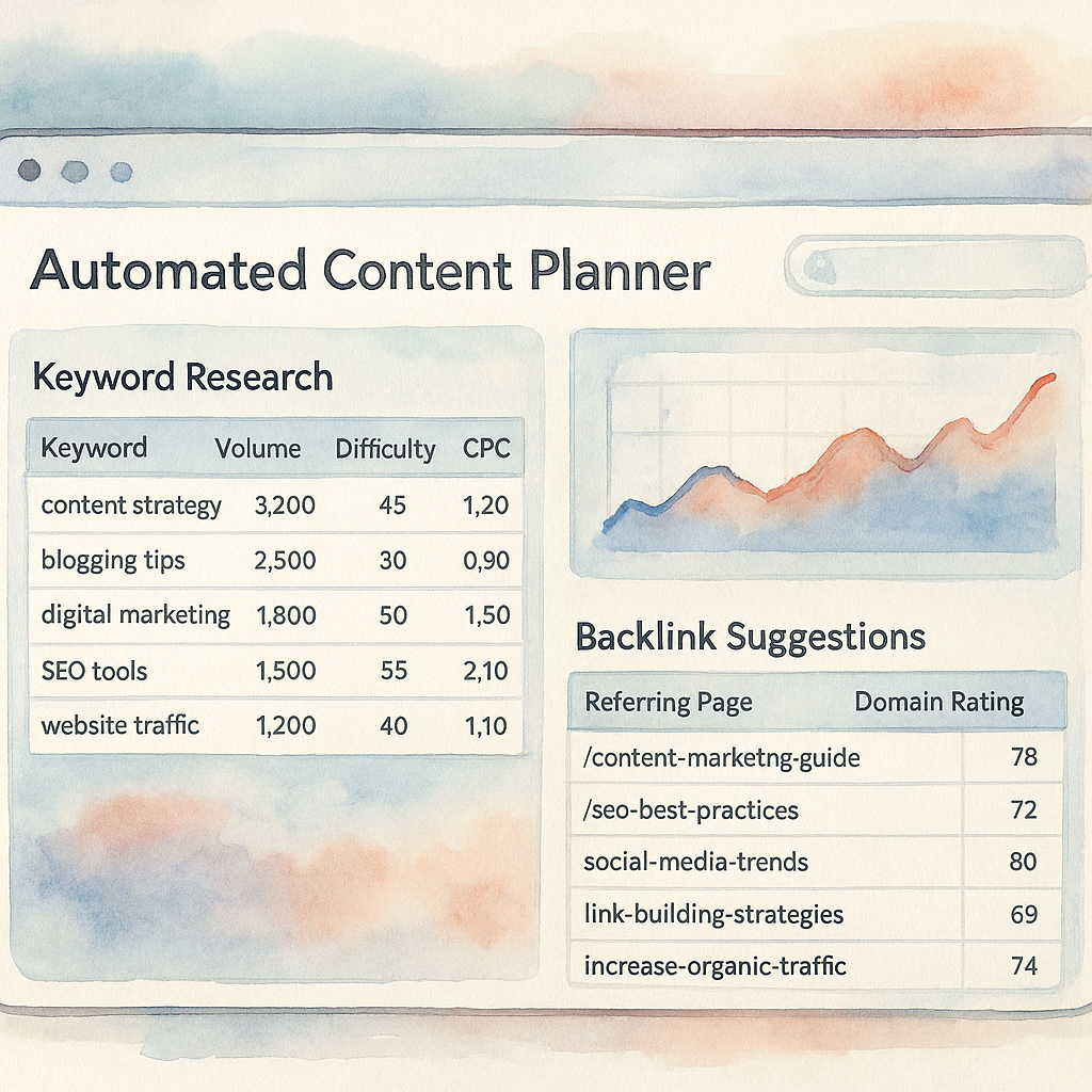 A sleek dashboard of an automated content planner interface showing keyword research and backlink suggestions. Alt: Automated content planner for SEO and backlinks dashboard view