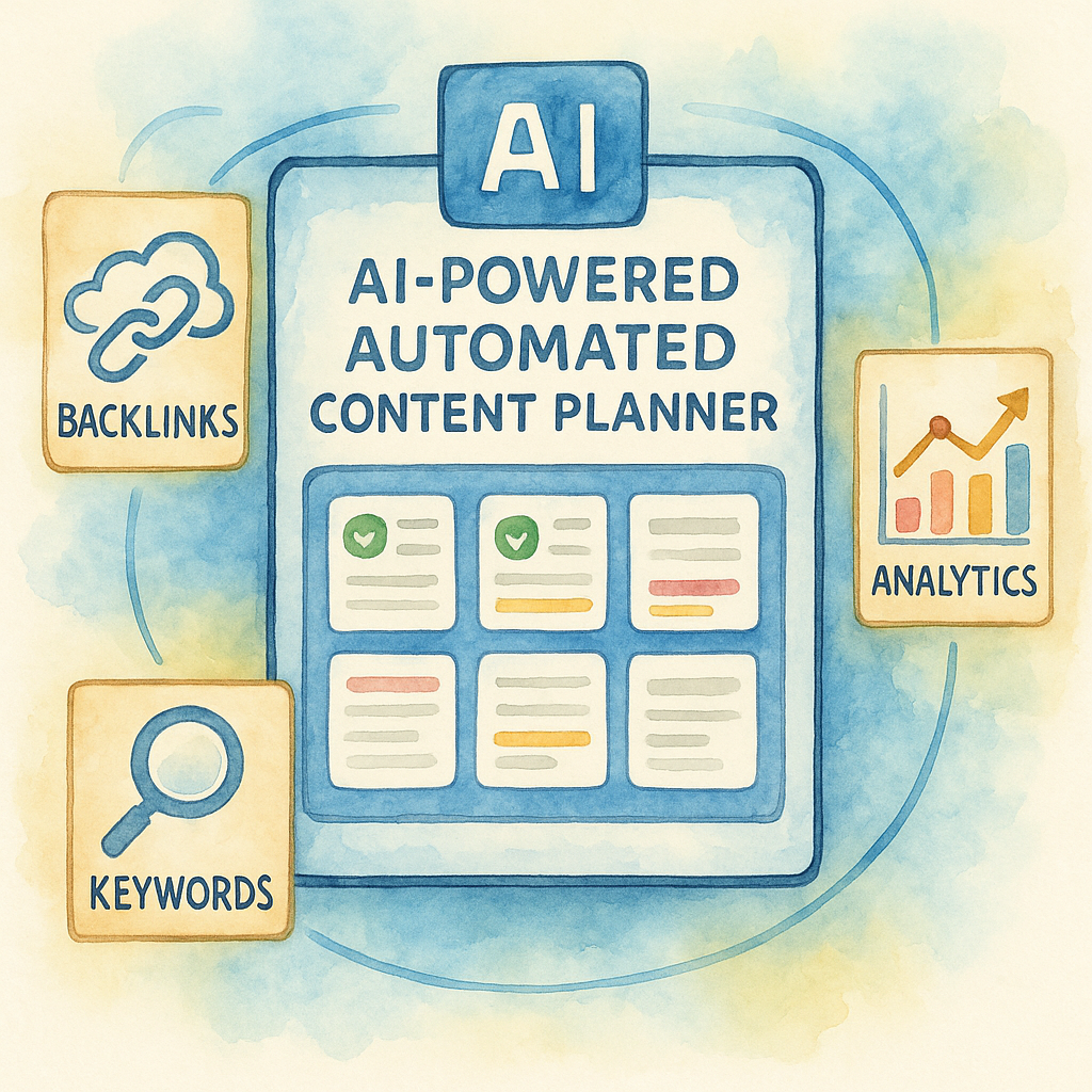 Illustration of AI-powered automated content planning with backlinks, keywords, and analytics. Alt: AI-powered automated content planner for SEO and backlinks in action