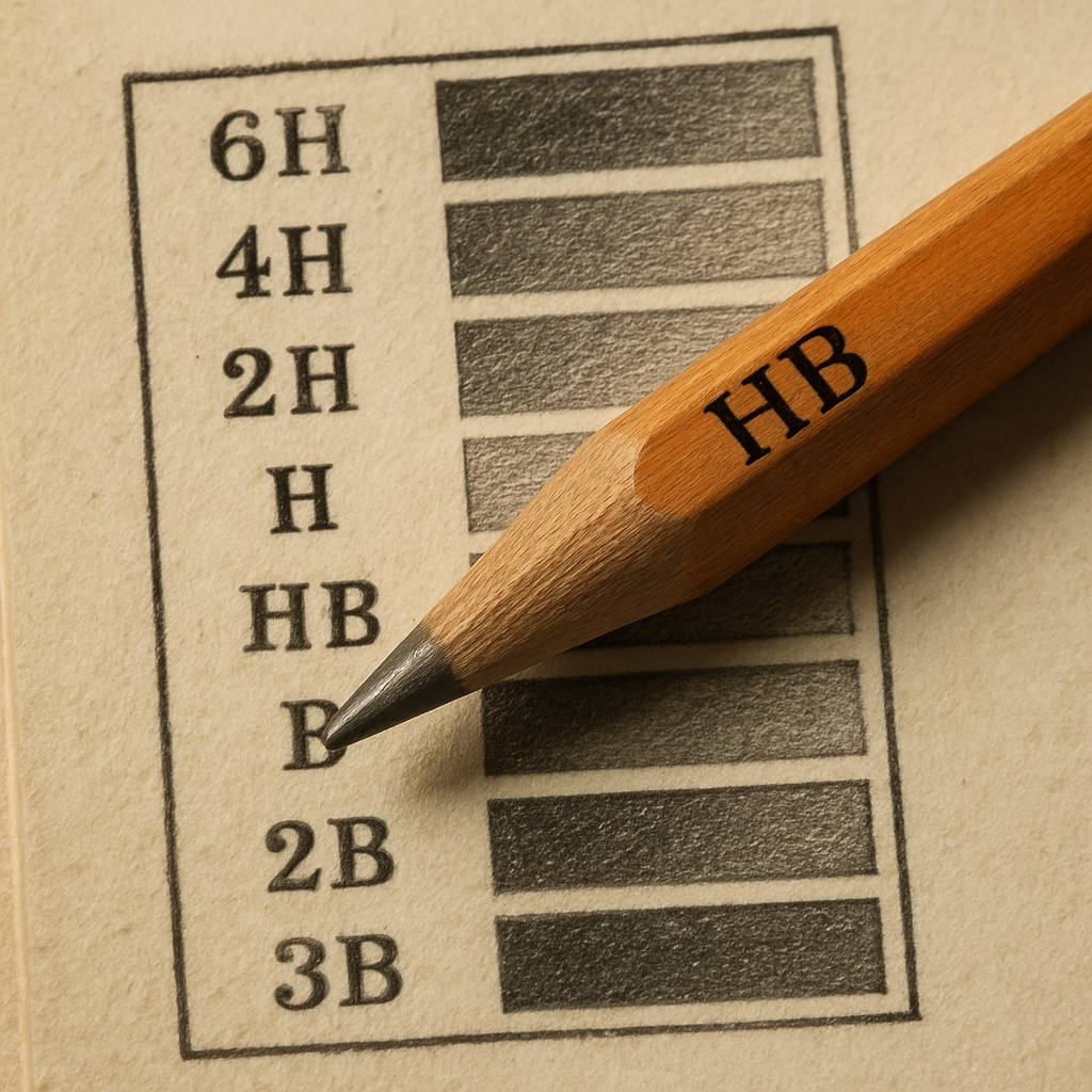 A close‑up of an HB pencil beside a historic 19th‑century graphite grading chart, showing the HB label highlighted. Alt: HB pencil meaning historical grading chart illustration.