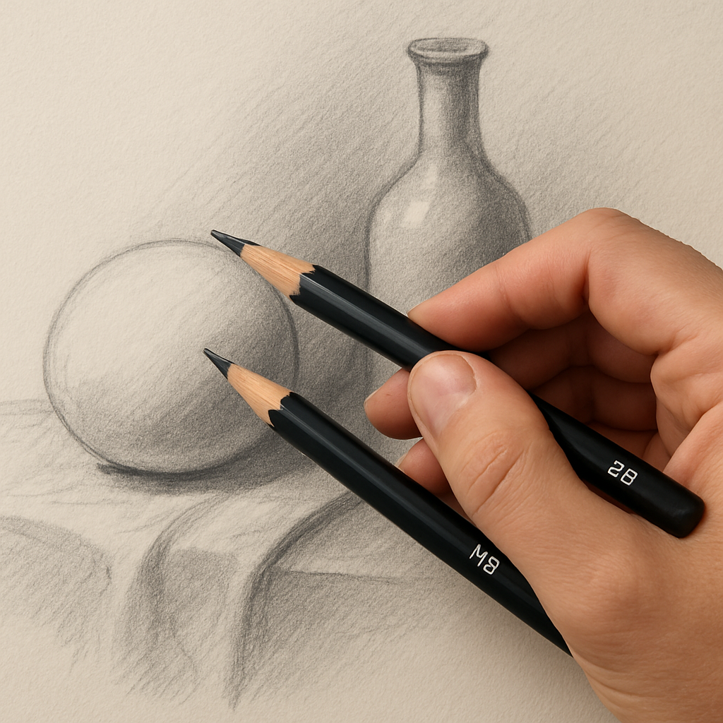 A close‑up of an artist’s hand holding an HB pencil on one side and a 2B pencil on the other, sketching a still life with visible contrast between crisp outlines and smooth shading. Alt: Understanding HB and 2B pencil grades for artists.