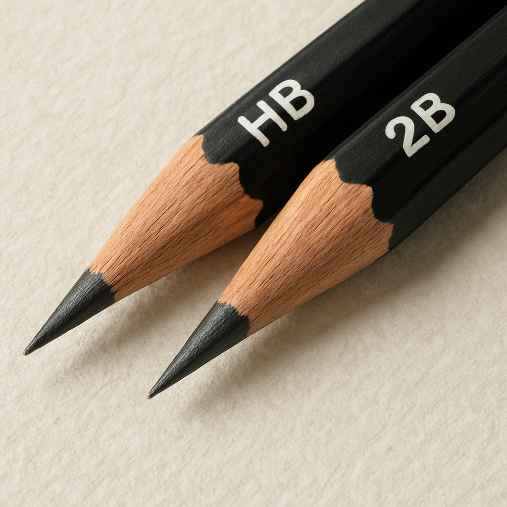 A close‑up of an HB and a 2B pencil tip freshly sharpened, resting on a textured sketch paper. Alt: Sharp HB and soft 2B pencil tips ready for drawing, emphasizing maintenance tips.