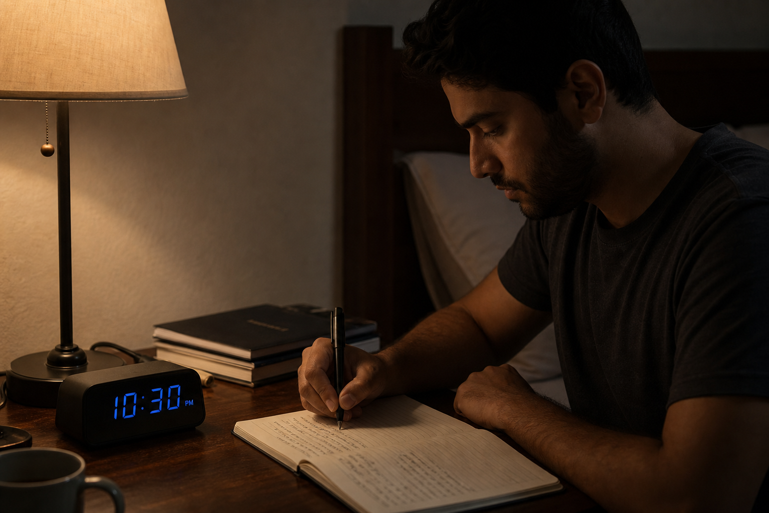 A realistic scene of a man writing notes on a notebook beside a dim bedside lamp, with a clock showing 10:30 PM. Alt: ma