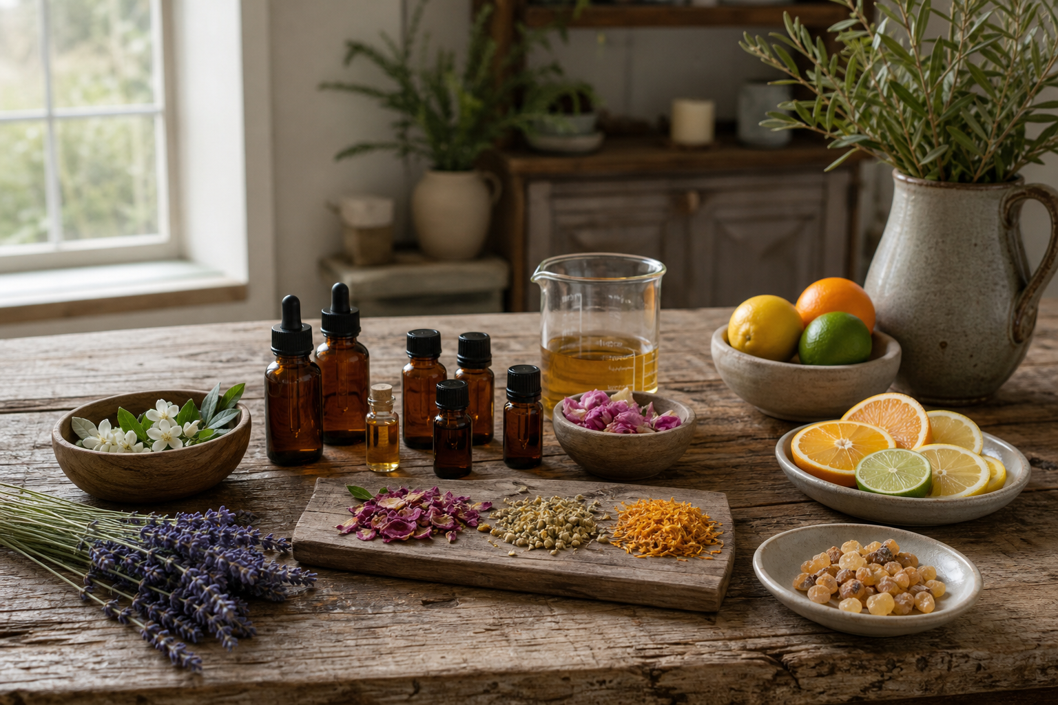 A photorealistic flat-lay of natural fragrance ingredients arranged on a reclaimed wood surface inside a modern farmhous