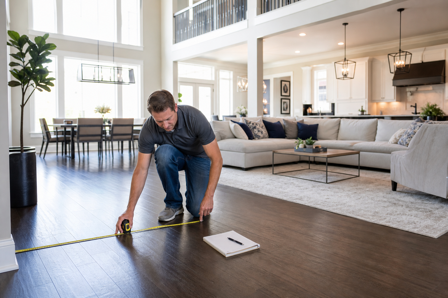 A photorealistic scene of a person using a tape measure and notepad inside a bright, open-plan living room with a dramat
