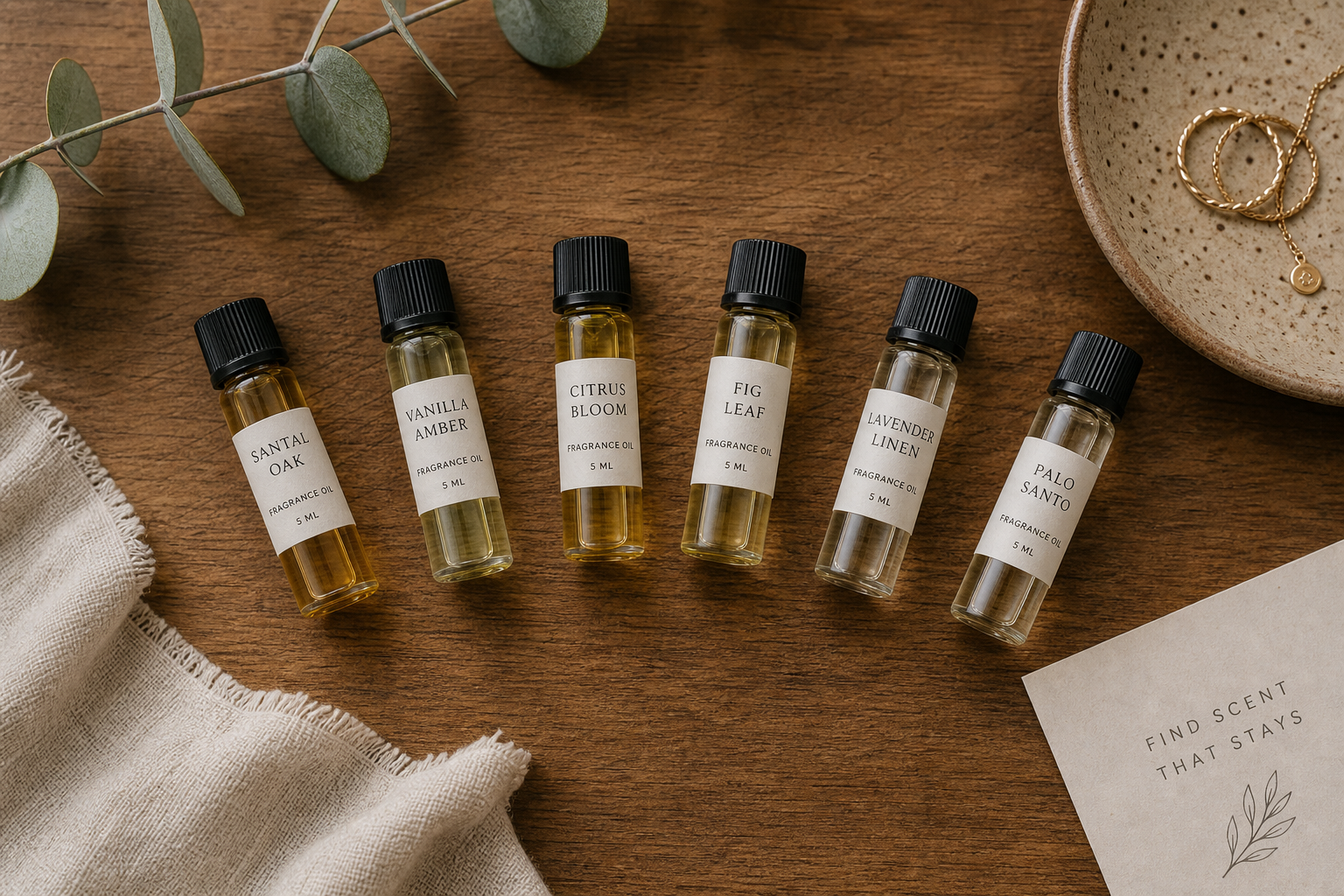 A flat-lay lifestyle scene on a warm wooden surface showing several small fragrance oil vials arranged in a gentle arc,