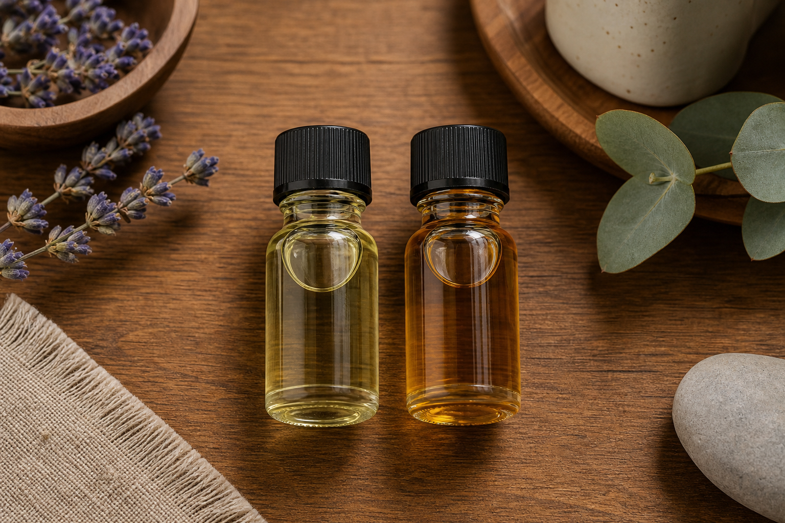 A realistic flat-lay scene on a warm wooden surface showing two small glass fragrance oil bottles side by side, surround