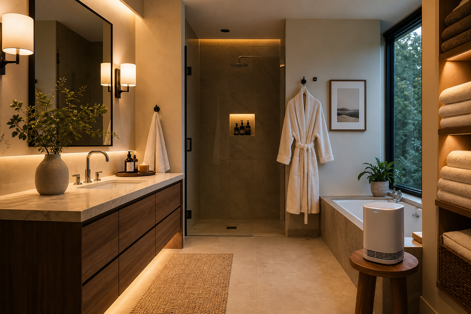 A photorealistic scene of a modern, spa-inspired bathroom with warm ambient lighting, lush towels, a small cold-air diff