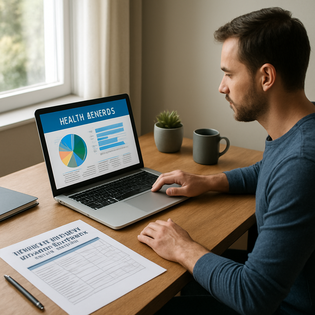 A photorealistic scene of a solo entrepreneur at a home office desk, laptop open to a health‑benefits dashboard, a printed spreadsheet titled &ldquo;Health Insurance for Small Business with 1 Employee&rdquo; visible, natural daylight streaming through a window, realistic office setting. Alt: Detailed visual guide for solo business owner health insurance planning.
