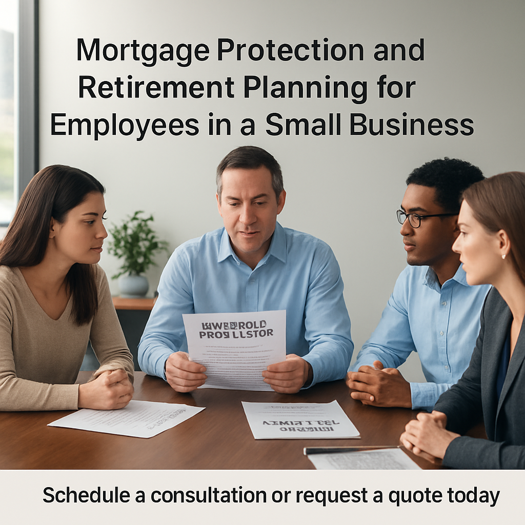 A small business owner reviewing mortgage protection documents with employees around a conference table. Alt: Mortgage protection and retirement planning for employees in a small business.