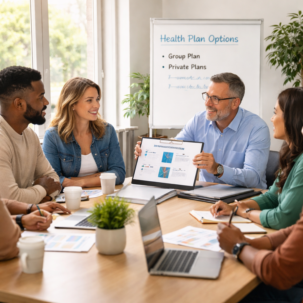 A photorealistic office scene showing a small business owner and a diverse team around a conference table, reviewing private health plan options with a benefits advisor in a bright, modern office. Alt: Small business private vs group health options discussion in a real-world setting.