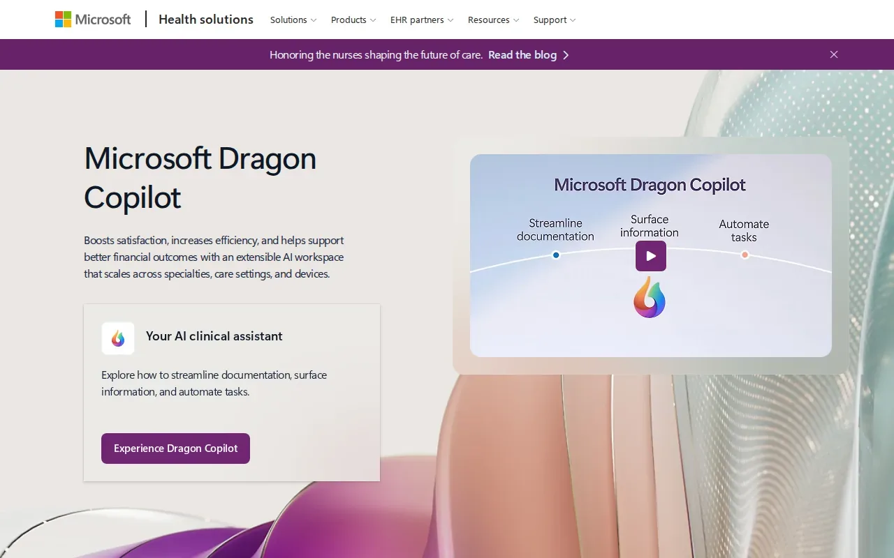 Screenshot of the Microsoft Dragon Copilot website