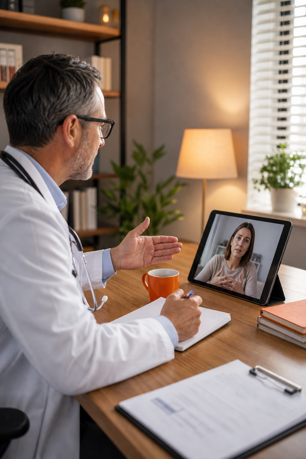A doctor in a home office setting having a video consultation with a patient on a tablet, warm lighting, calm atmosphere. Alt: Telemedicine video consultation between doctor and patient.