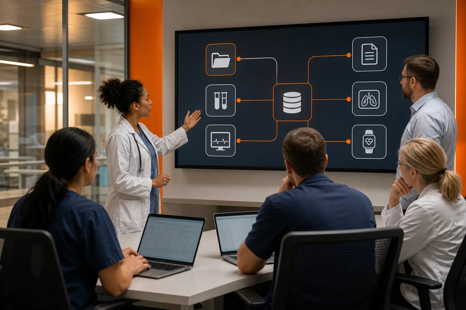 Healthcare data integration source mapping across EHR, labs, claims, imaging, and patient devices.