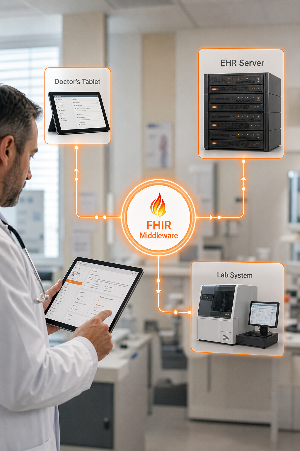 A photorealistic network diagram showing data flowing between a doctor's tablet, an EHR server, and a lab system, with a central integration engine labeled 