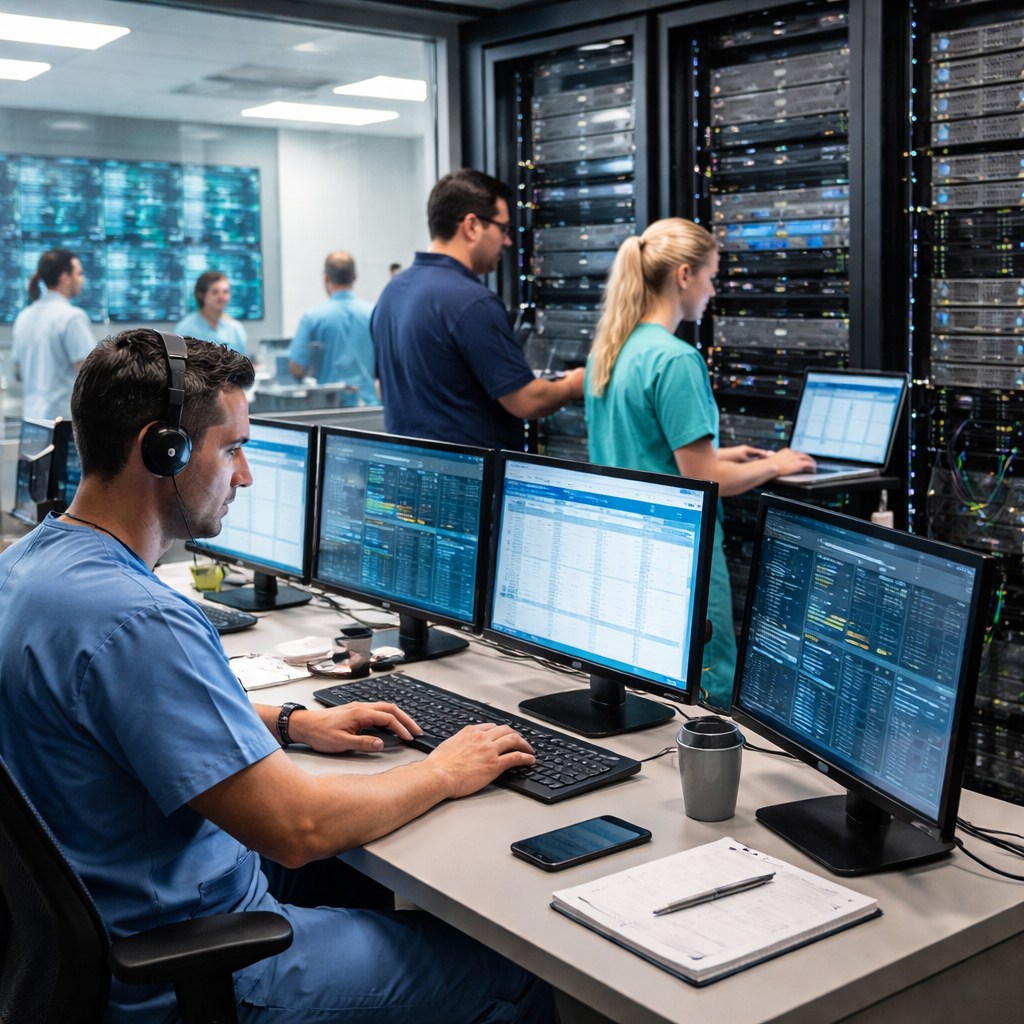 A photorealistic scene of a healthcare IT support team monitoring servers and patient data systems in a modern clinic, Realism style, showing technicians at work, Alt: healthcare IT support services visual.