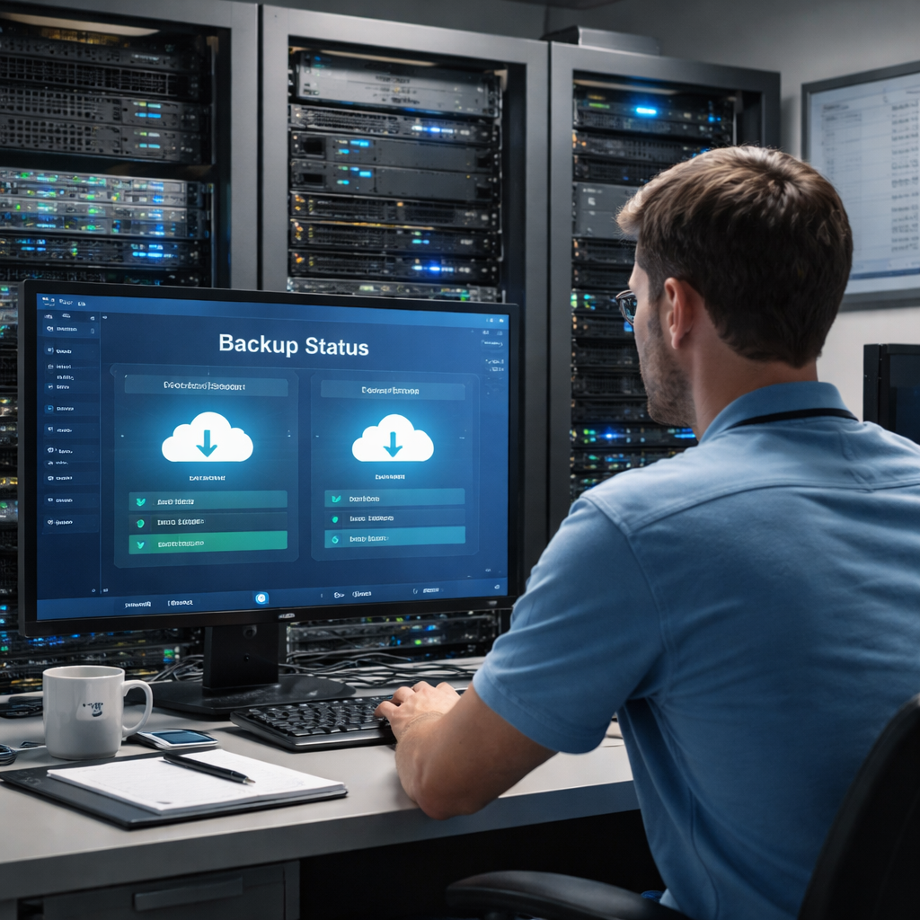A photorealistic scene of a small clinic’s server room with a technician monitoring backup software on a screen, showing both local storage racks and a cloud icon, realistic lighting, Realism style. Alt: backup disaster recovery for healthcare IT support services