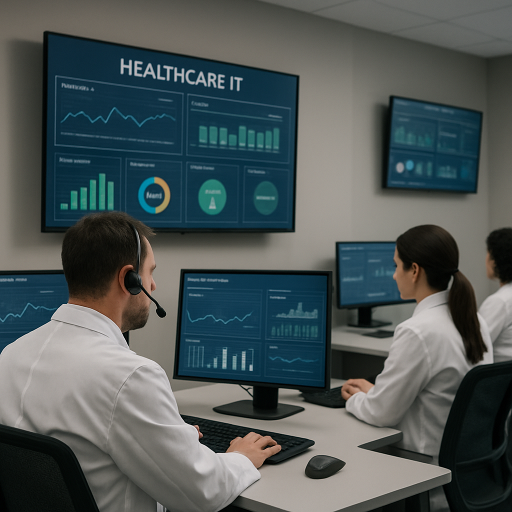 Healthcare IT professionals monitoring data analytics on multiple screens in a modern office setting, emphasizing the importance of IT support services for medical practices.