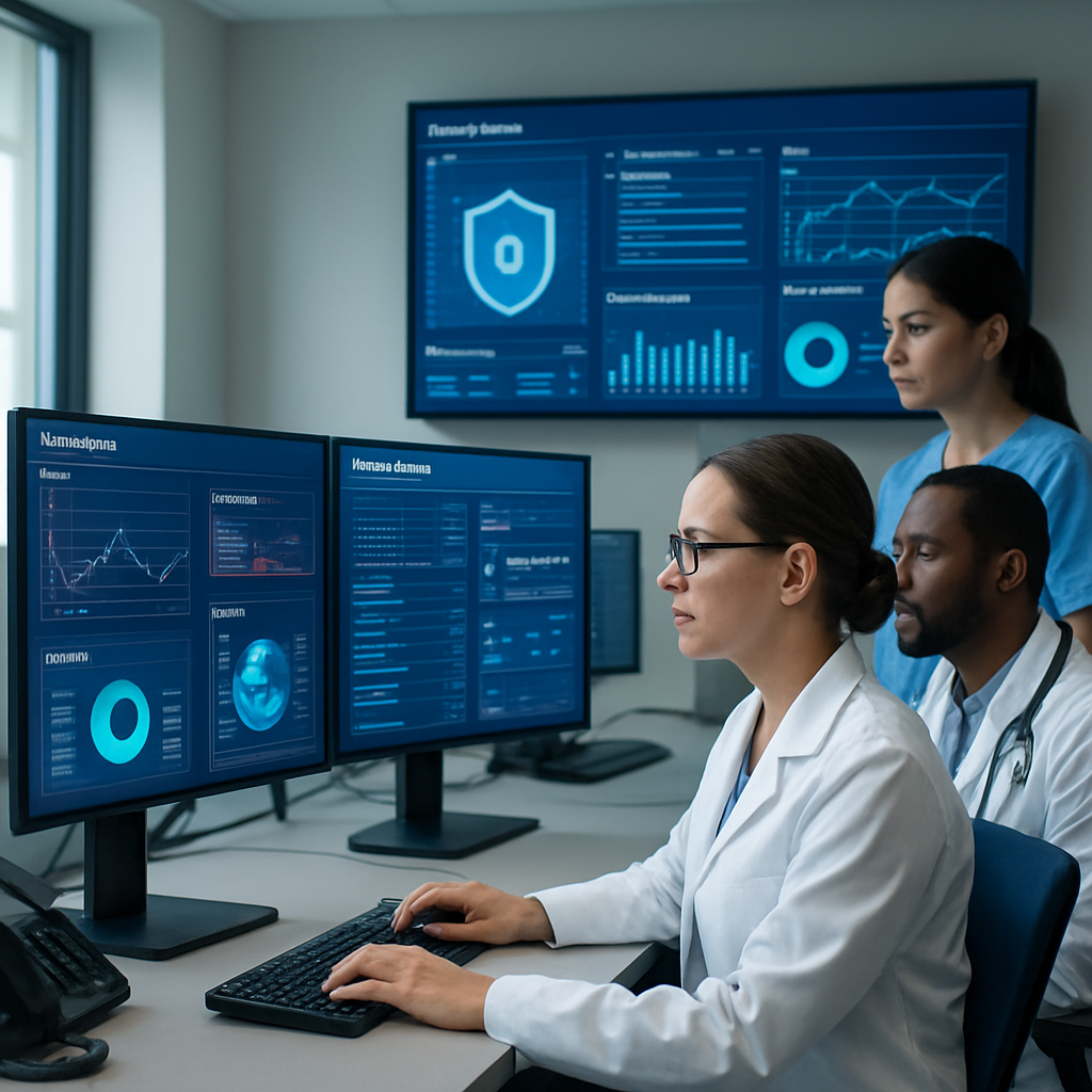 Healthcare professionals monitoring data on multiple screens in a medical IT support environment, emphasizing cybersecurity and compliance for small practices.