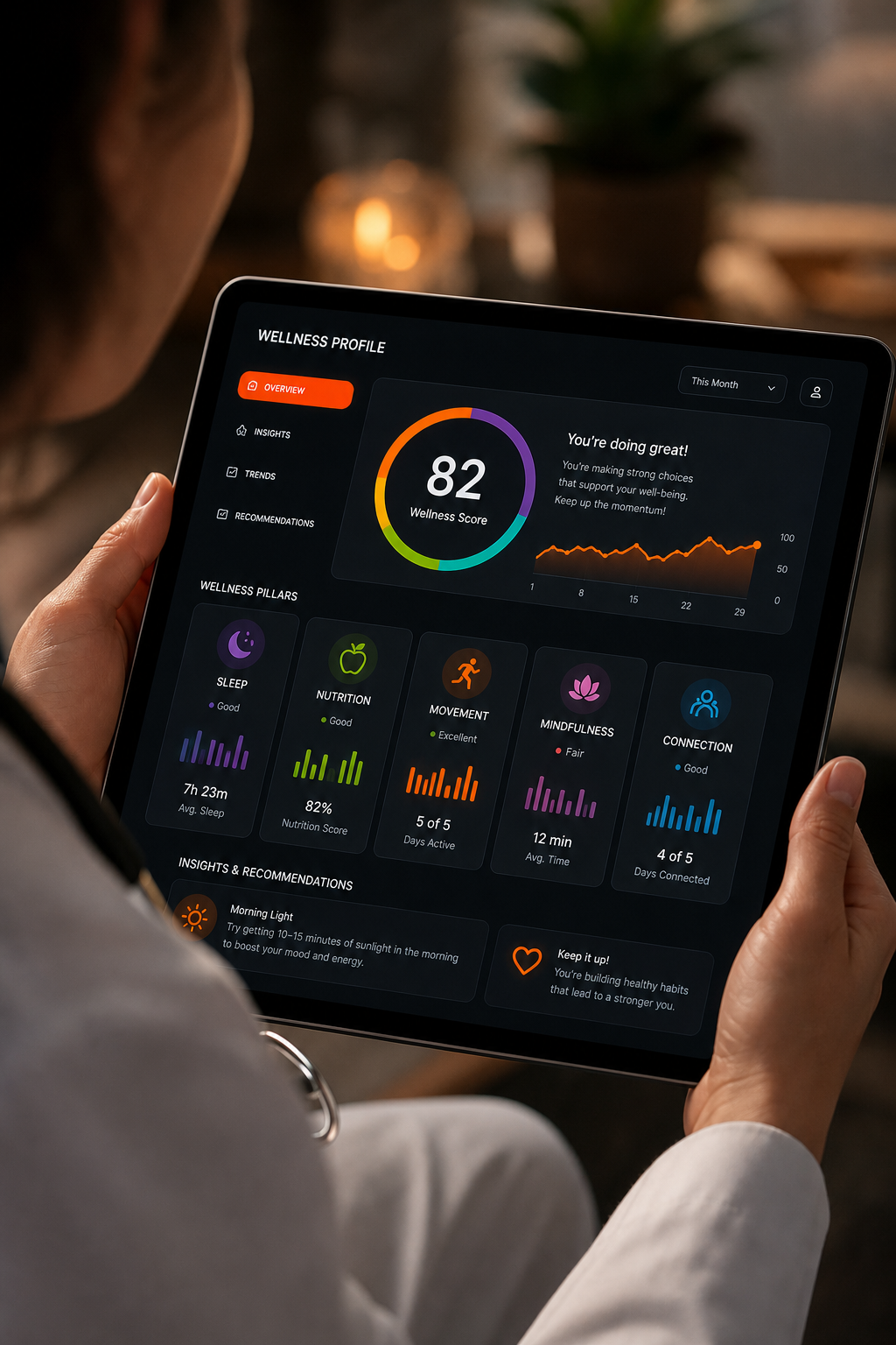 A healthcare professional sitting at a desk, looking thoughtfully at a tablet displaying a colorful wellness profile chart. Cinematic lighting, warm tones, focus on the screen's reflection in their glasses. Alt: Healthcare provider reviewing e7D-Wellness assessment results on tablet.