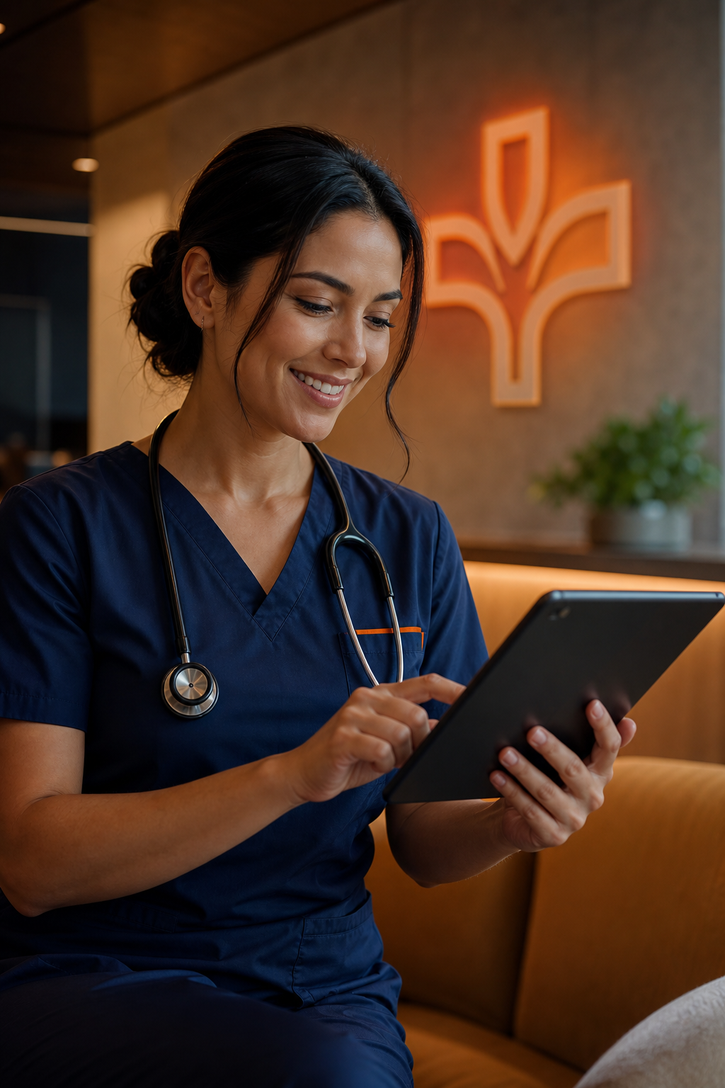 A dashboard screen on a laptop showing colorful charts of well-being metrics across departments. A hand hovers over the mouse. Cinematic lighting, office background blurred. Alt: Well-Being Index dashboard displaying healthcare provider burnout data across departments.