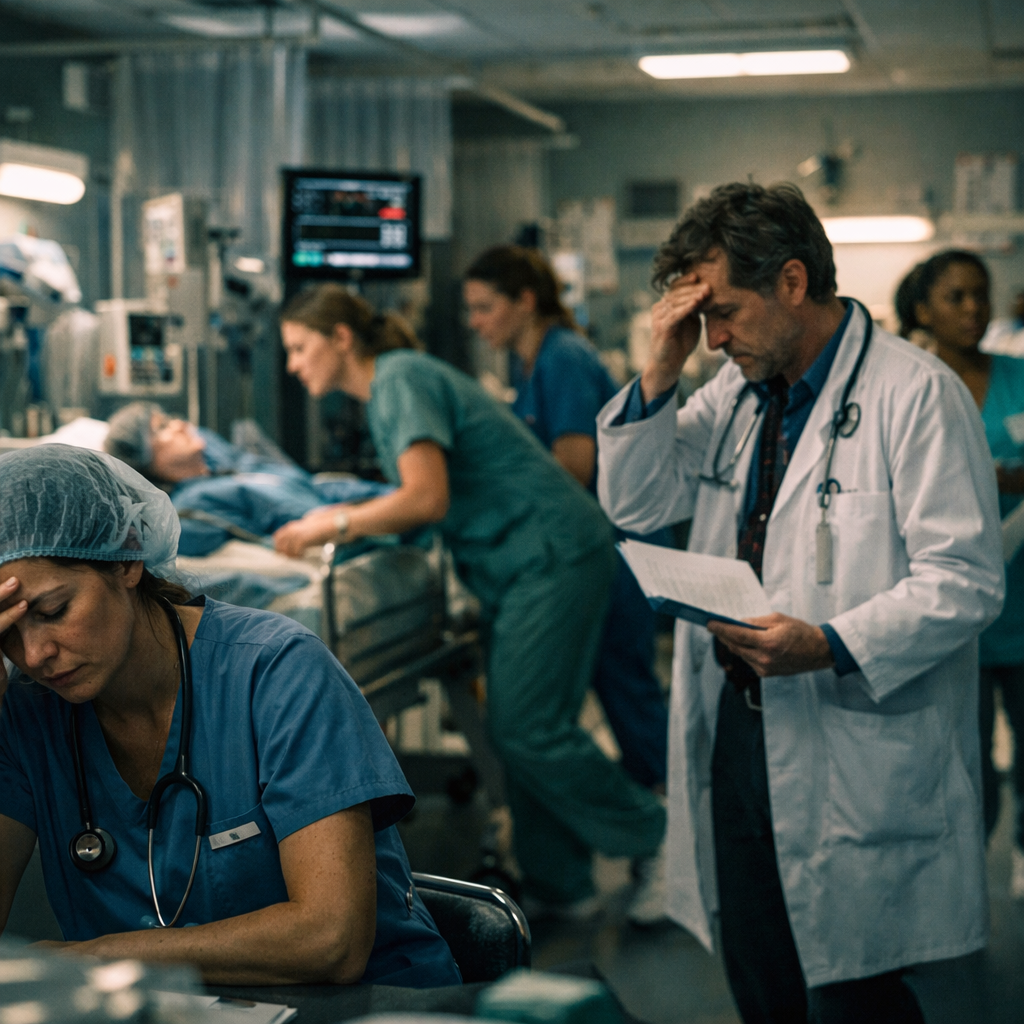 A cinematic style scene showing a busy hospital ward with stretched nurses and doctors, alt: healthcare provider burnout risk factors staffing shortage