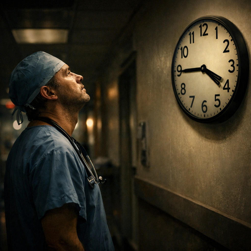 A cinematic style illustration of a tired clinician looking at a clock in a dim hallway, alt: shift work sleep deprivation burnout