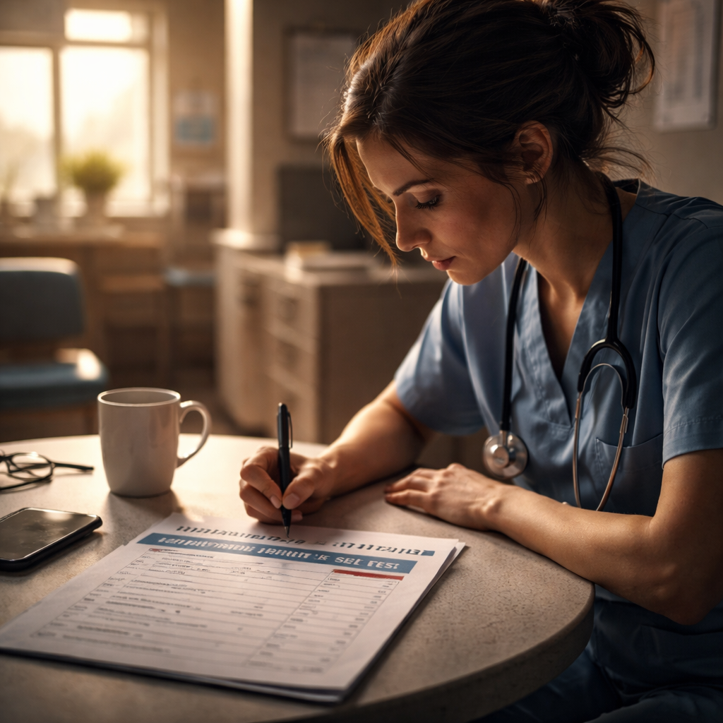A cinematic style illustration of a clinician filling out a paper questionnaire in a quiet break room, alt: healthcare provider burnout risk self test pdf in use