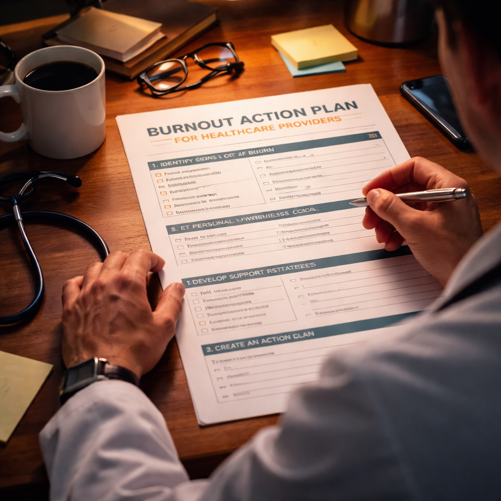 A cinematic style scene of a clinician reviewing a printable action‑plan worksheet on a desk, alt: burnout action plan template for healthcare providers