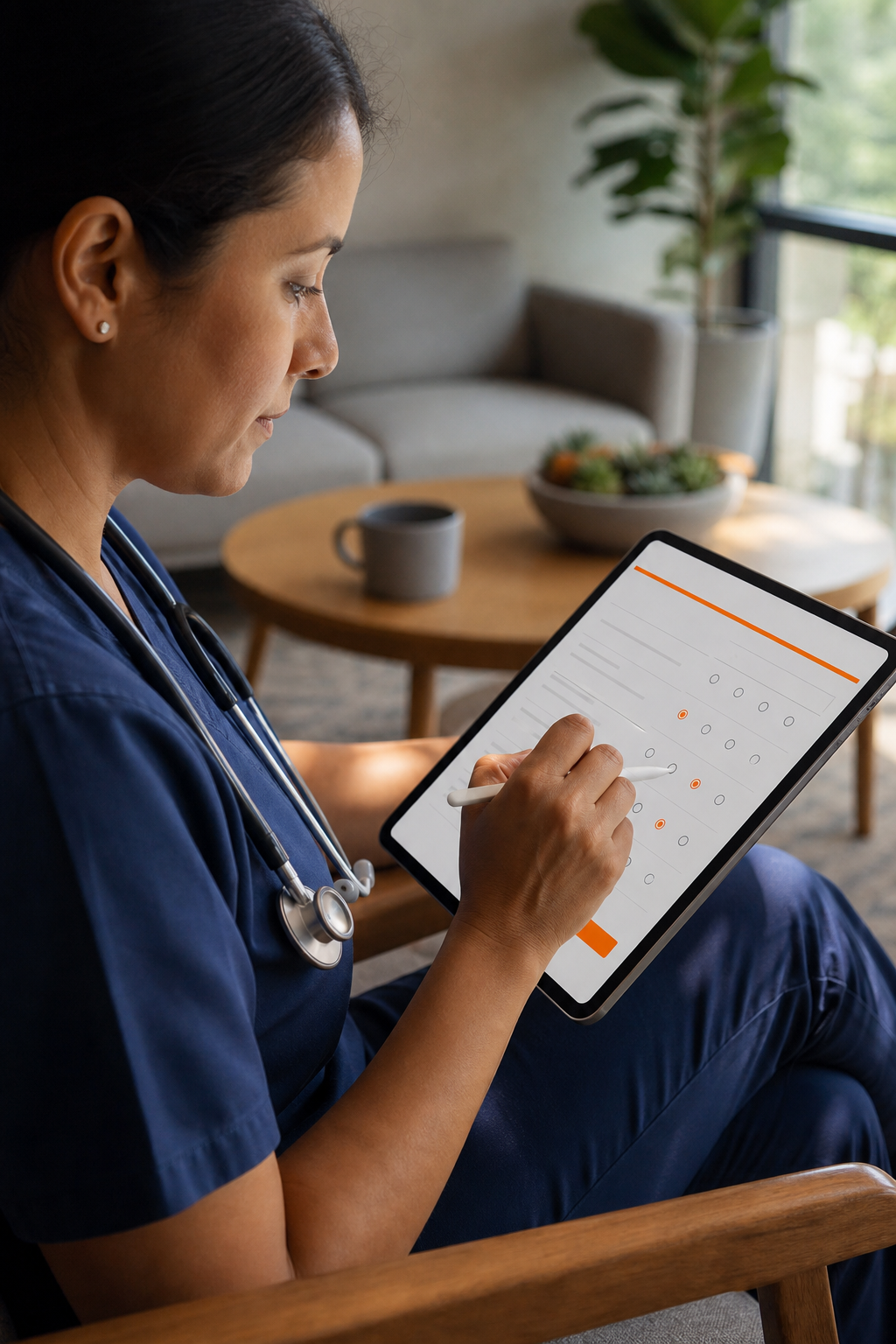 A healthcare professional sitting at a desk looking stressed, with a notebook and pen, cinematic lighting, warm tones. Alt: Healthcare provider feeling burnout risk factors worksheet.