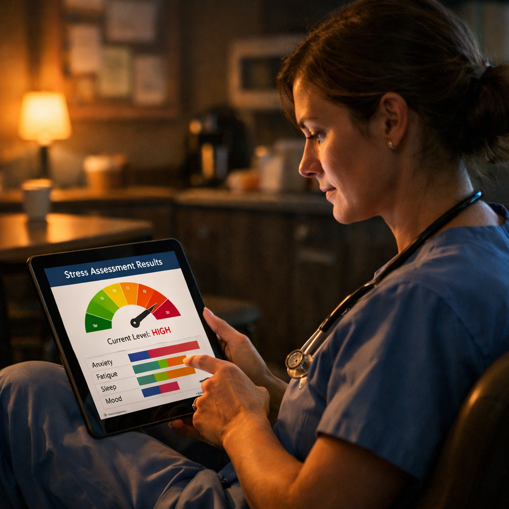 Cinematic shot of a healthcare professional sitting in a quiet break room, looking at a tablet displaying a colorful wellness profile graph, warm lighting, calm and reflective mood. Alt: healthcare provider reviewing online stress assessment results on tablet