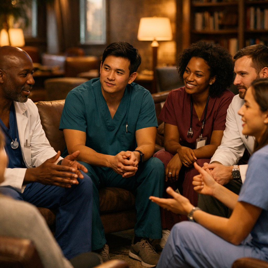 Cinematic shot of a diverse group of healthcare professionals sitting in a circle in a lounge, talking and listening attentively, warm and supportive atmosphere. Alt: healthcare professionals participating in a peer support group