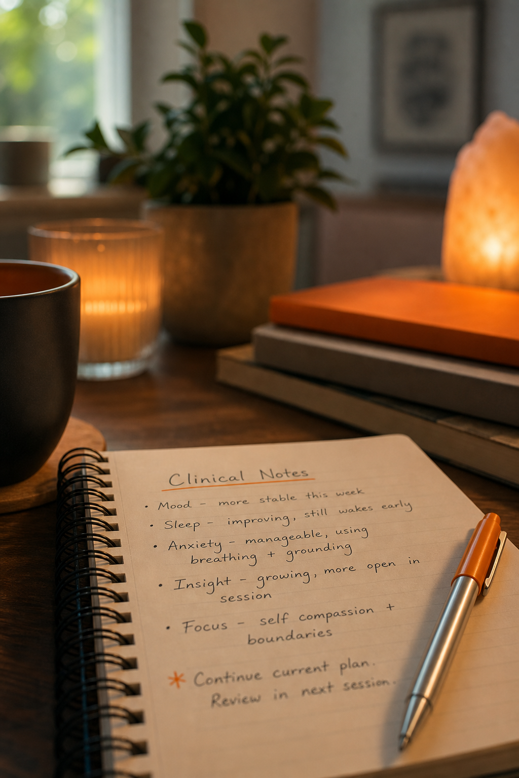 A cinematic close‑up of a clinician notebook, with a calm desk scene in the background, suggesting reflection and wellbeing evaluation.