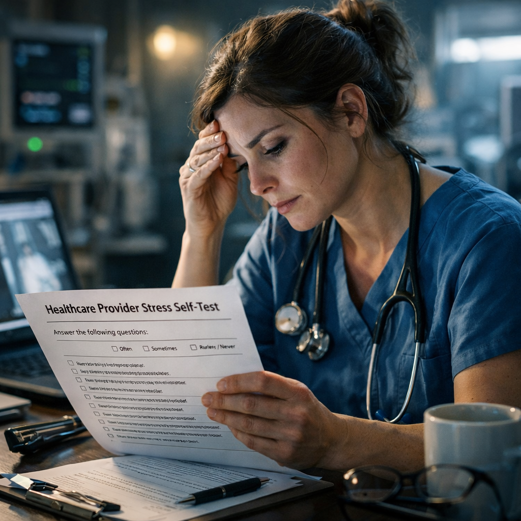 A photorealistic image related to healthcare-provider-stress-self-test. Alt: healthcare-provider-stress-self-test