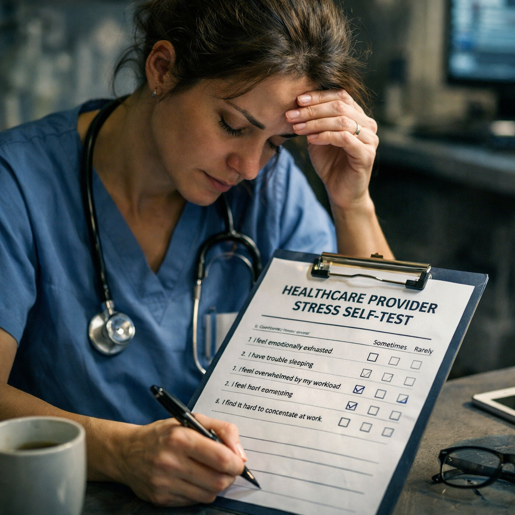 A photorealistic image related to healthcare-provider-stress-self-test. Alt: healthcare-provider-stress-self-test